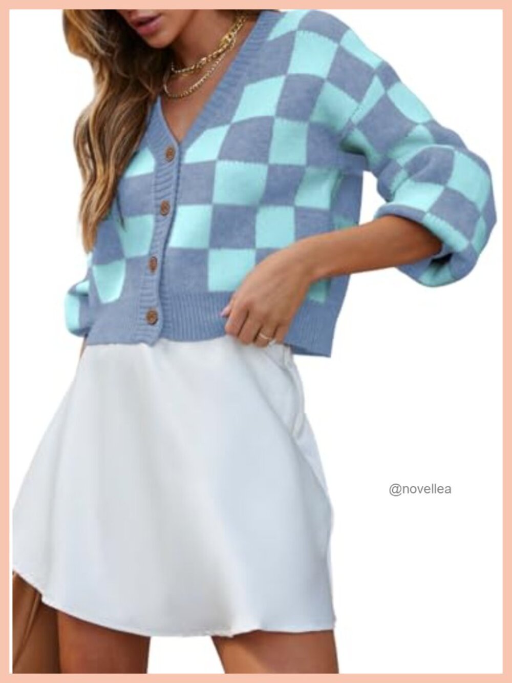 Womens Cardigan Soft Long Sleeve Cable Knit Plaid Cropped Button Down Sweater